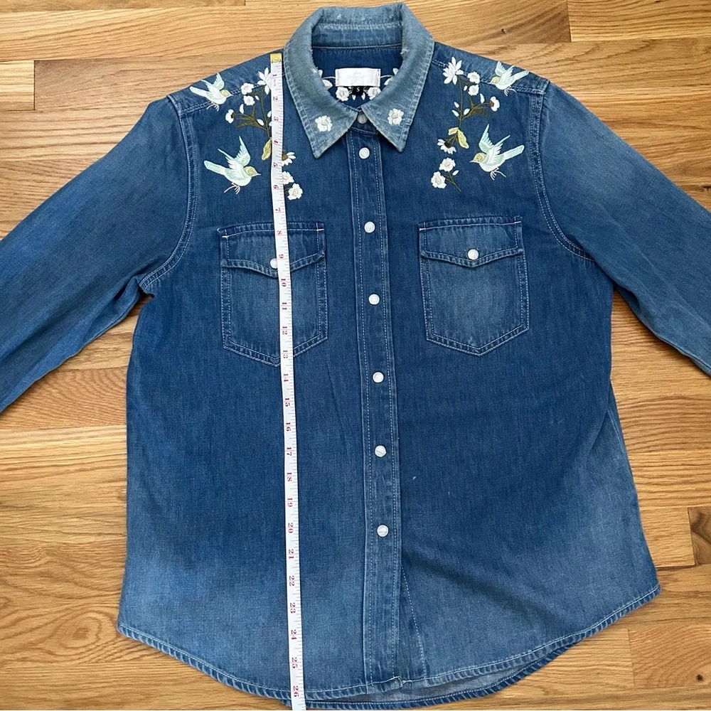 Seven 4 All Mankind Floral Embroidered Distressed Button Down Denim Top - Picture 12 of 16